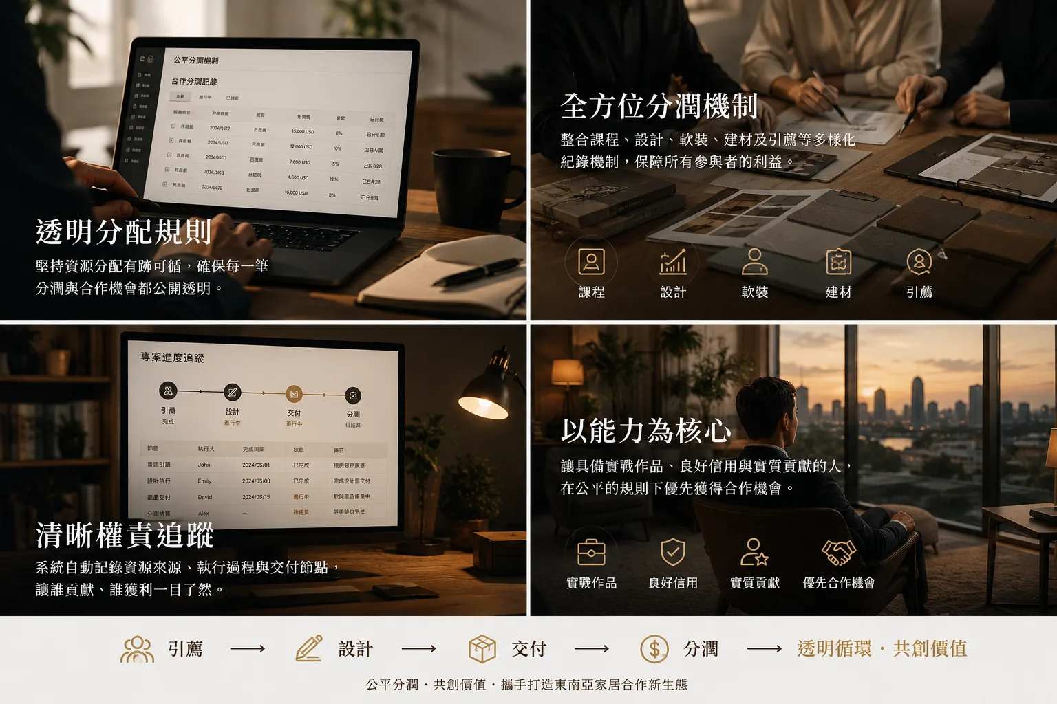 透明分配規則說明圖：全方位分潤機制、清晰權責追蹤、以能力為核心，底部流程「引薦 → 設計 → 交付 → 分潤」