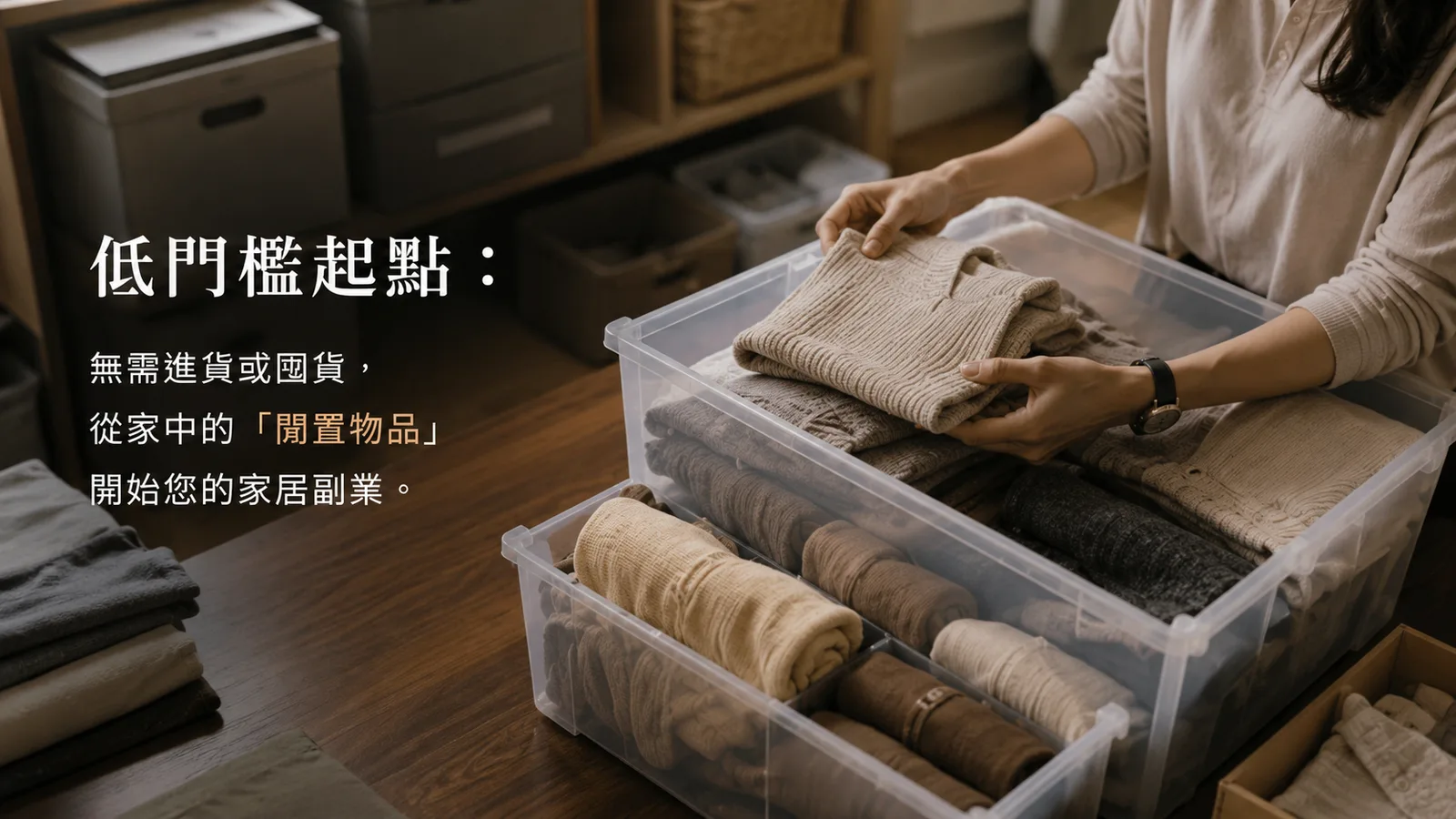 整理收納箱裡的閒置衣物,圖上文字「低門檻起點:無需進貨或囤貨,從家中的閒置物品開始您的家居副業」