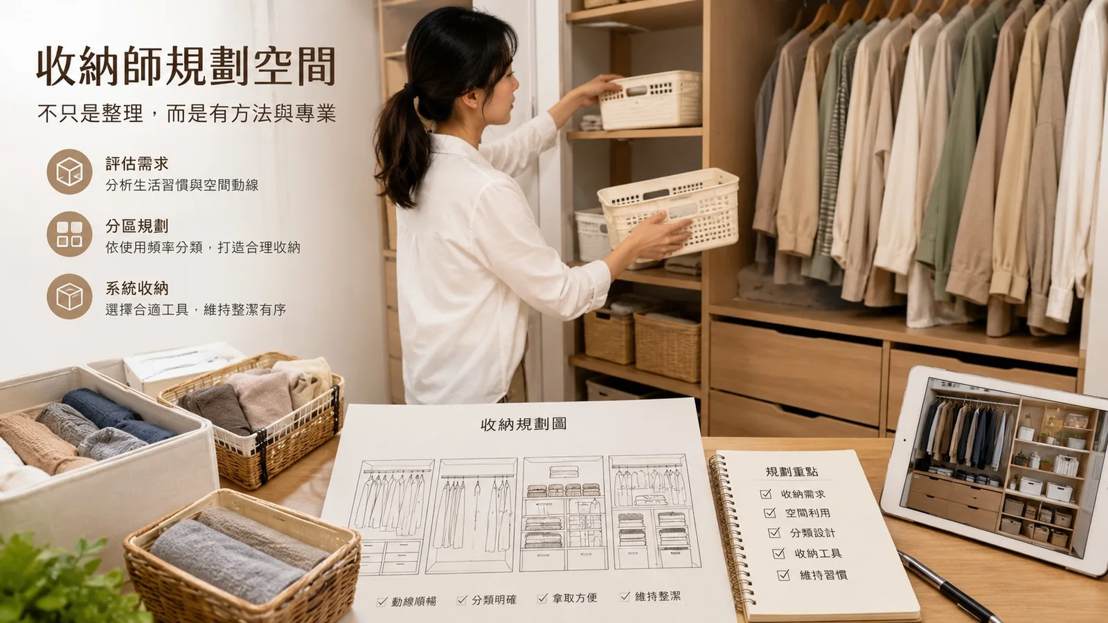 收納師在衣櫃前整理收納籃，桌上有收納規劃圖，圖上文字「收納師規劃空間」
