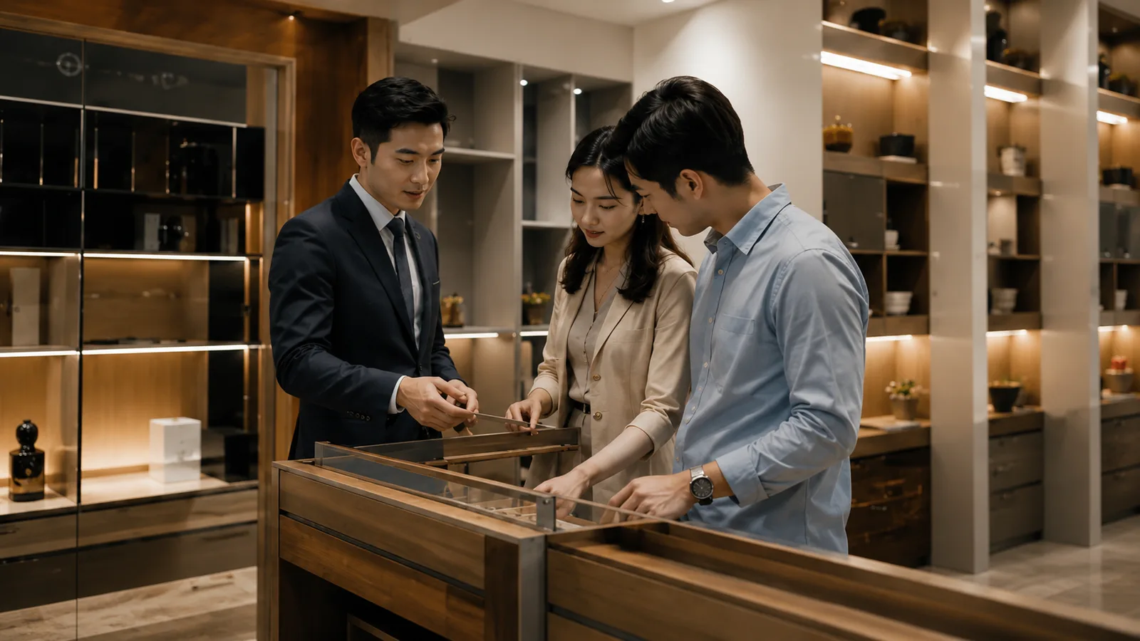業務在系統櫃展示間向一對夫妻介紹五金與板材樣品