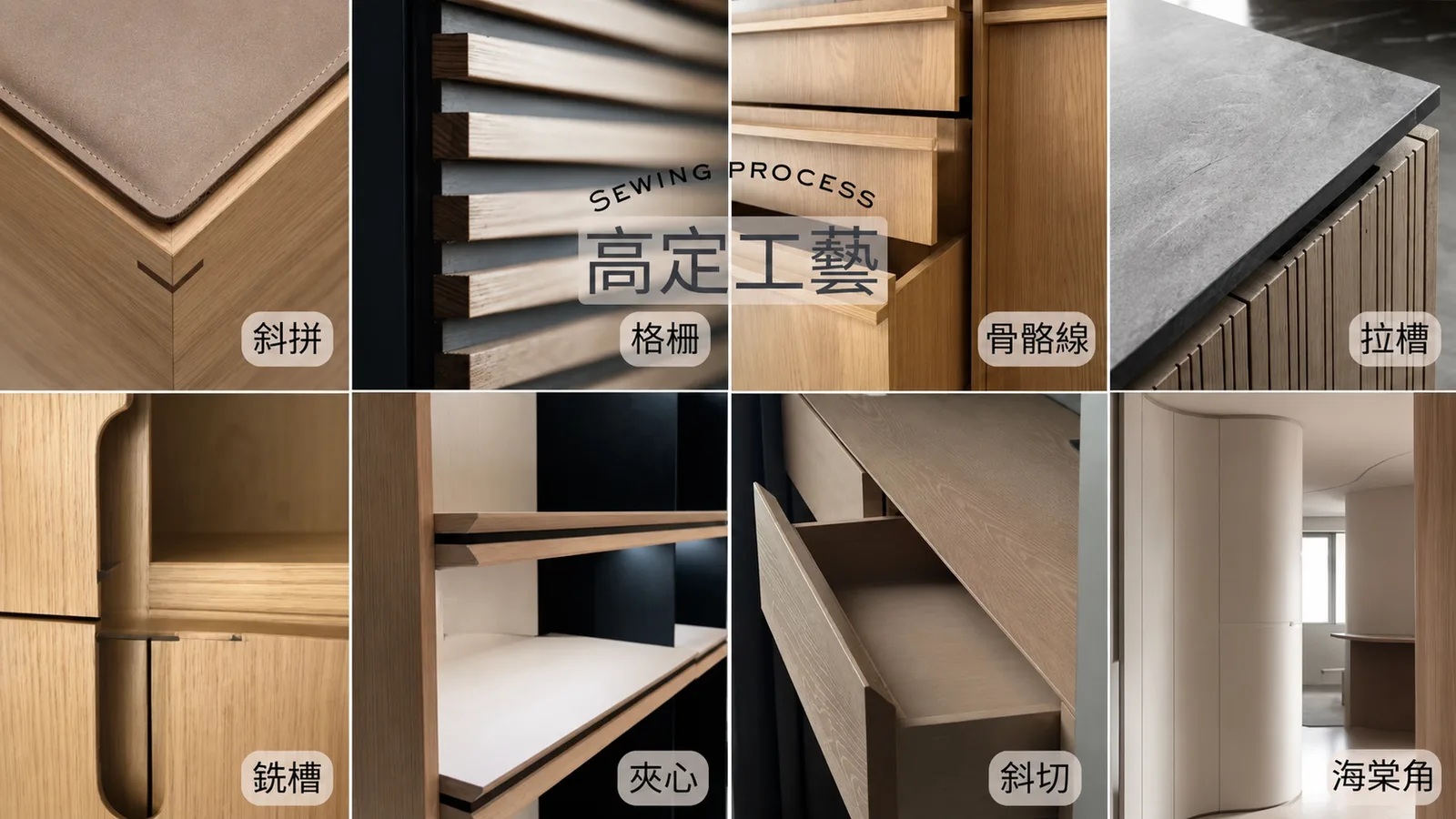 系統櫃工藝細節拼圖：斜拼、格柵、骨骼線、拉槽、銑槽、夾心、斜切、海棠角
