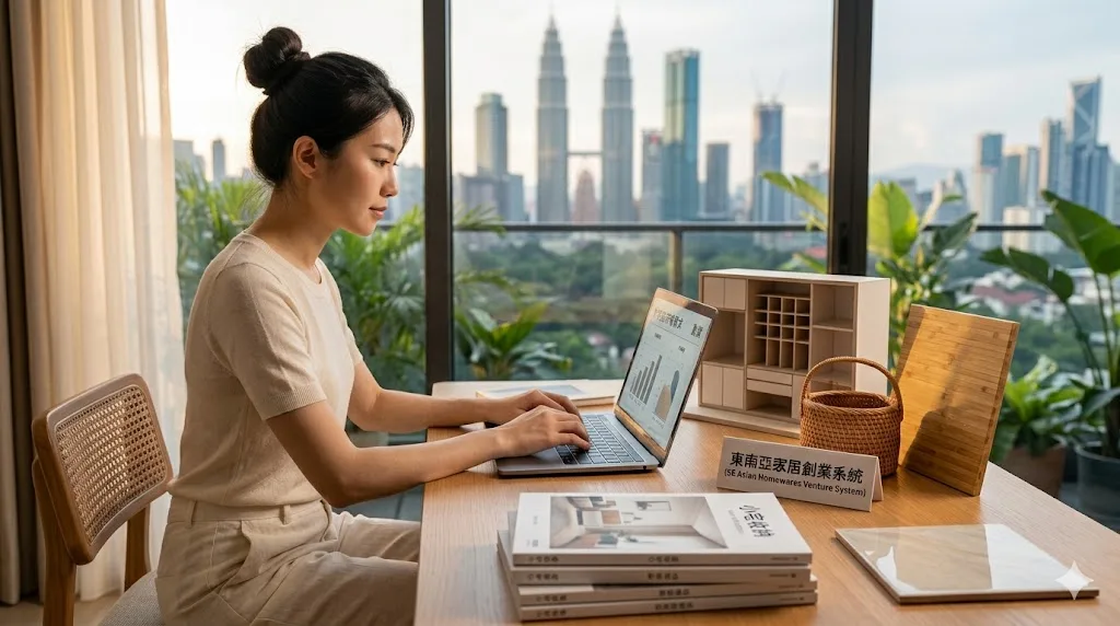 女性在可眺望吉隆坡雙子塔的窗邊工作桌用筆電工作，桌上有「東南亞家居創業系統」立牌與書冊
