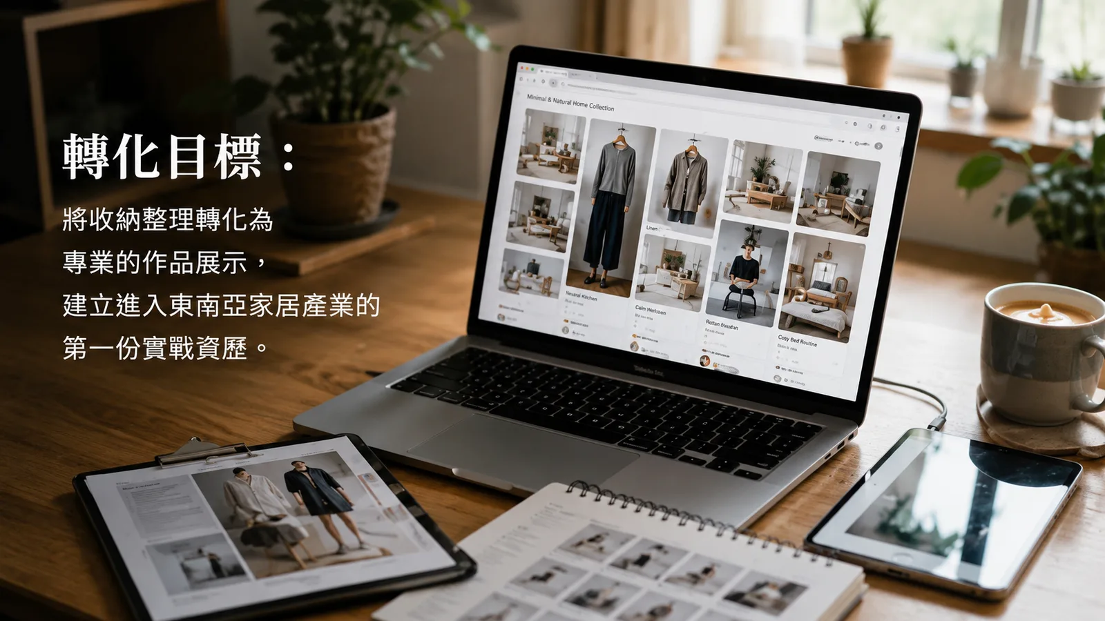 筆電與平板上展示整理好的衣物作品集，圖上文字「轉化目標：將收納整理轉化為專業的作品展示，建立進入東南亞家居產業的第一份實戰資歷」