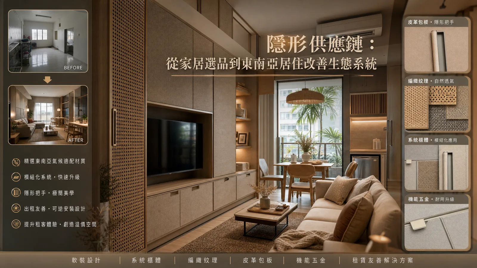 東南亞住宅客廳改造前後與板材五金樣品資訊圖，圖上文字「隱形供應鏈：從家居選品到東南亞居住改善生態系統」