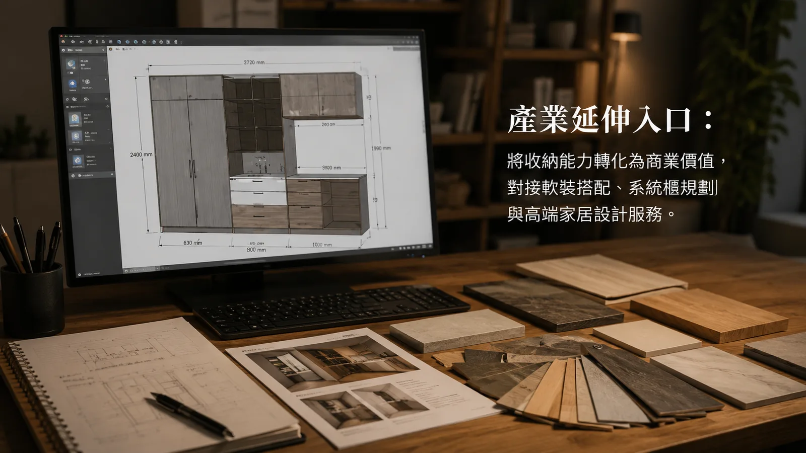 電腦螢幕上的系統櫃設計圖與桌上的板材樣本，圖上文字「產業延伸入口：將收納能力轉化為商業價值，對接軟裝搭配、系統櫃規劃與高端家居設計服務」