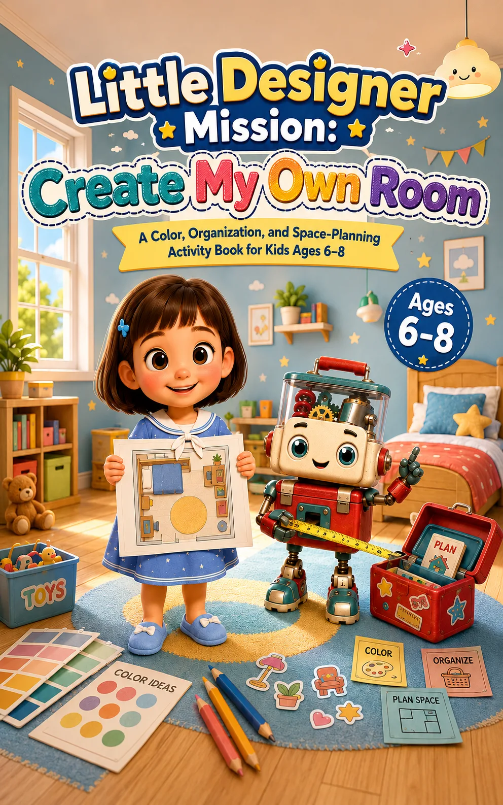 兒童活動書封面「Little Designer Mission: Create My Own Room」，適合 6～8 歲，小女孩拿著房間平面圖、旁邊是機器人夥伴
